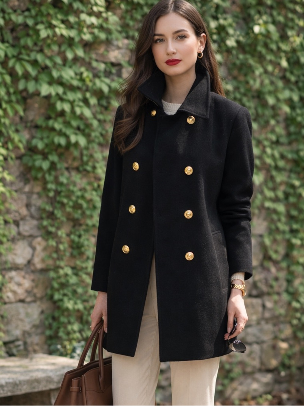 VINTAGE FLEURETTE Black Double-Breasted Cashmere/Wool Pea Coat, 12 *AS IS*